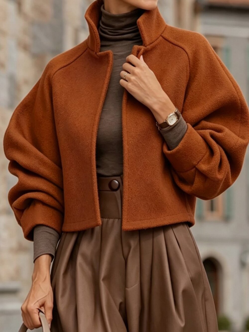 Burnt Orange Casual Women's Caramel Stand Collar Raglan Short Coat Jacket